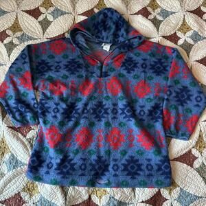 90s vintage multicoloured Aztec print fleece pullover with hood size L western